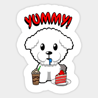 Cute furry dog is having coffee and cake Sticker